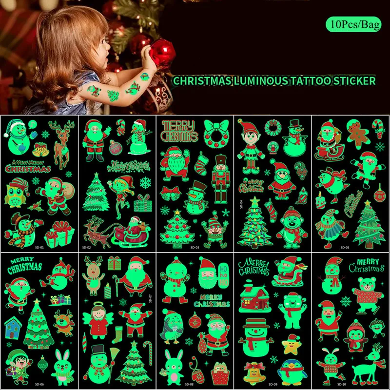 10Pcs/Set Christmas Cartoon Temporary Luminous Tattoos Stickers Children Party Body Art Disposable Stickers Santa Claus Red Cap