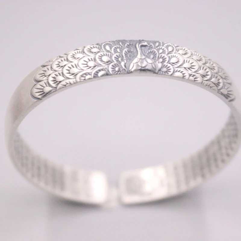 New Fine Pure S925 Sterling Silver Bangle Women 10mm Peacock Figure Bracelet 55-60mm 39-40g