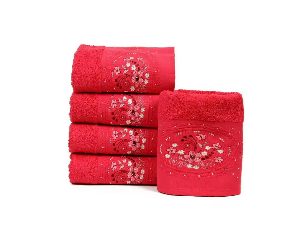 Daisy Embroidered Gemstone 5'li Towel Set Fuchsia