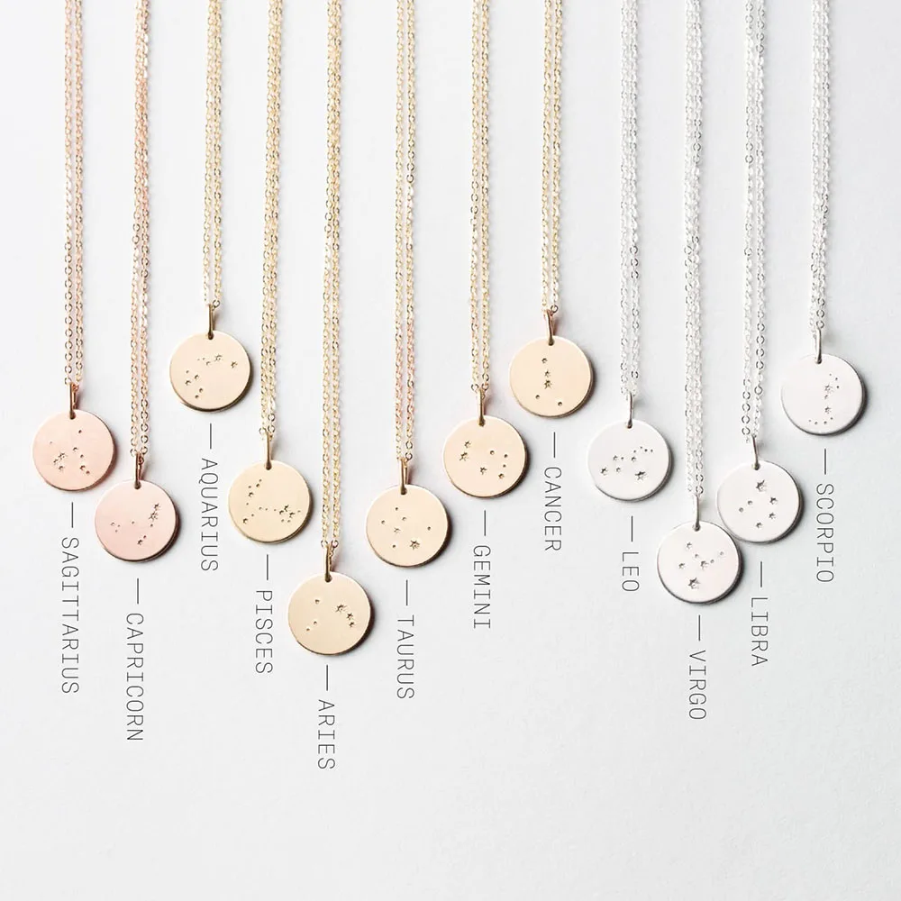 Constellations Wrap Layered Chain Necklace Disc Zodiac Necklace Gift For Women 15MM, 18inch