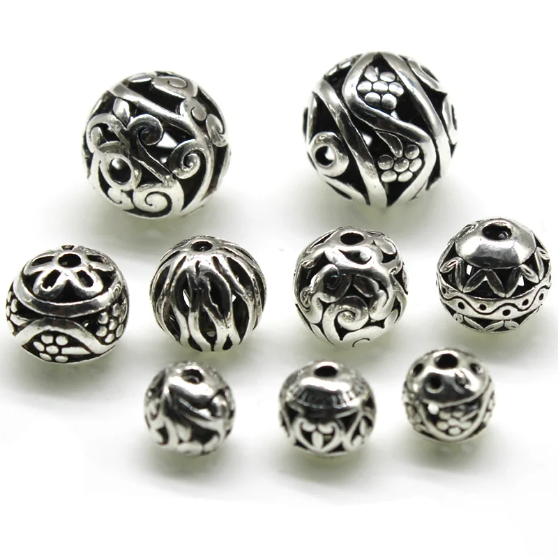 10pcs/lot 8 10 14 mm Tibetan Silver Round Metal Beads Hollow Out Handcraft Prayer Spacer Beads Fit DIY Jewelry Bracelets Making