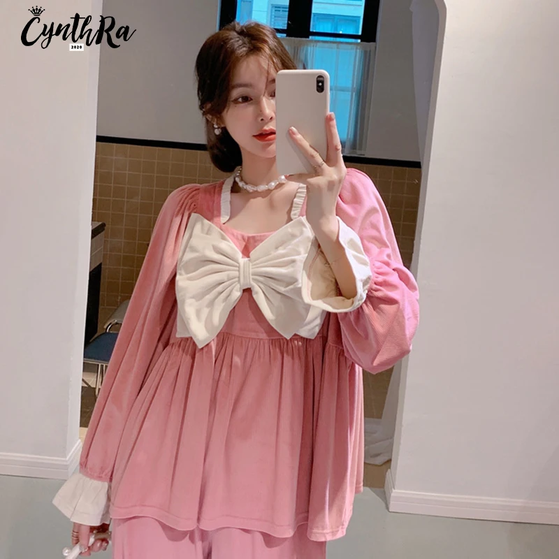 

CYNTHRA Sleepwear Suit Winter Women Bowknot V Collar Sweet Cute Corduroy Loose Thermal Comfort Soft Homewear Ladies Pamajas Sets