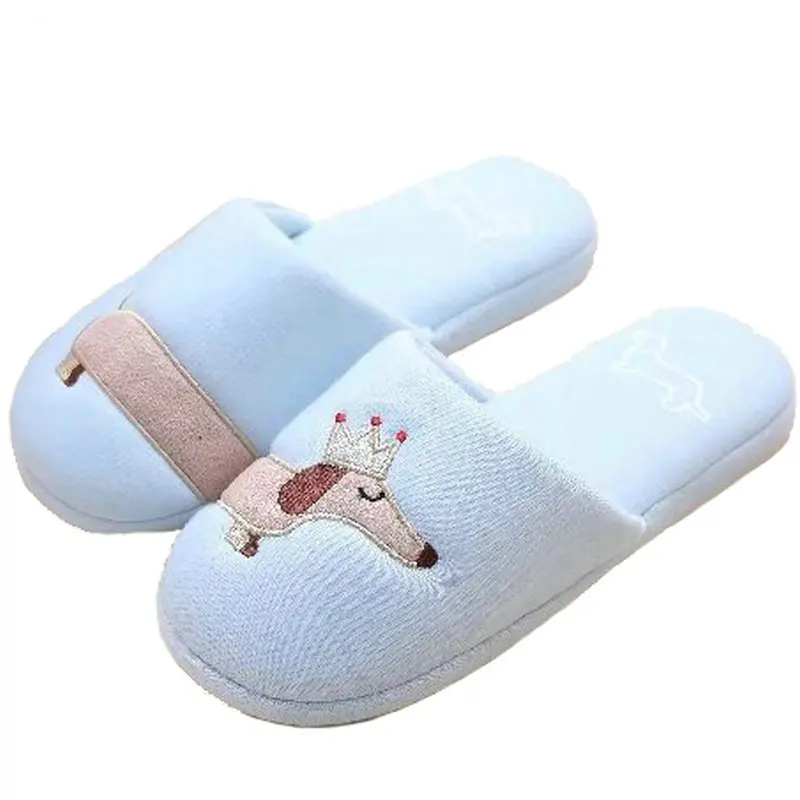 Drop Shipping Women's Fuzzy Pink And Light Blue Dog Plush Cotton Slippers Slip On Dachshund Female Slippers