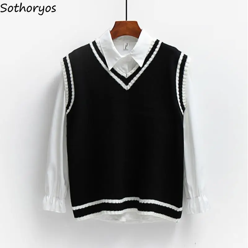 Sweater Vest Women Striped Japanese-style Sleeveless V-neck All-match Loose Casual Preppy-style Lovely Students Fashion Ulzzang