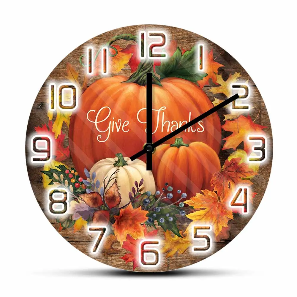 Pumpkin Thanksgiving Day Printed Wall Clock Give Thanks Fall Sign Farmhouse Home Decor Fall Leaves Wreath Art Silent Wall Watch