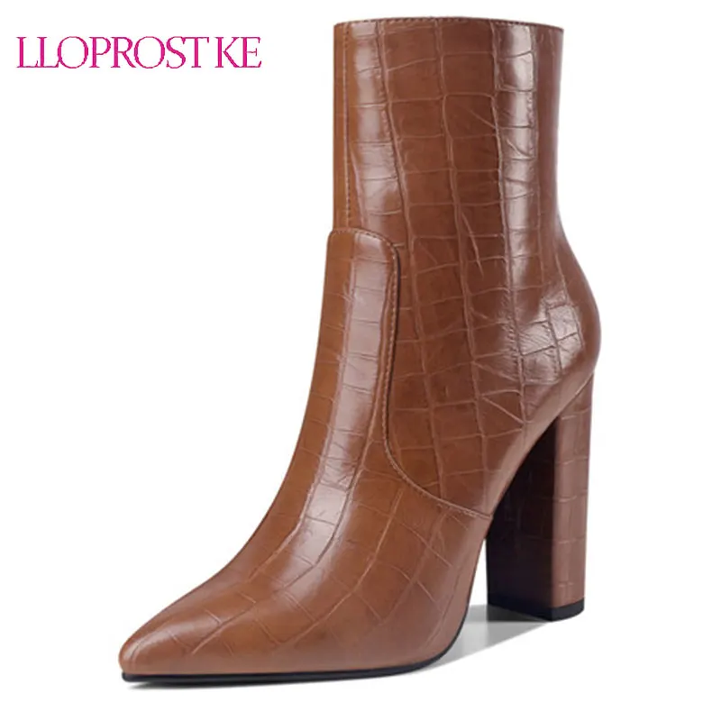 

Lloprost ke 2021 Winter New High Heels Ankle Women Boots Black PU Leather Pointed Toe Zipper Female Boot Platform Women Shoes