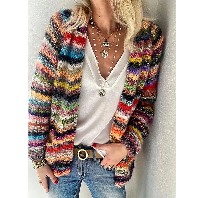 2020 Autumn Winter Women Cardigan Warm Long Sleeve Casual Striped Outerwear Women's Cadigan Multicolor Open Front Knit Sweaters