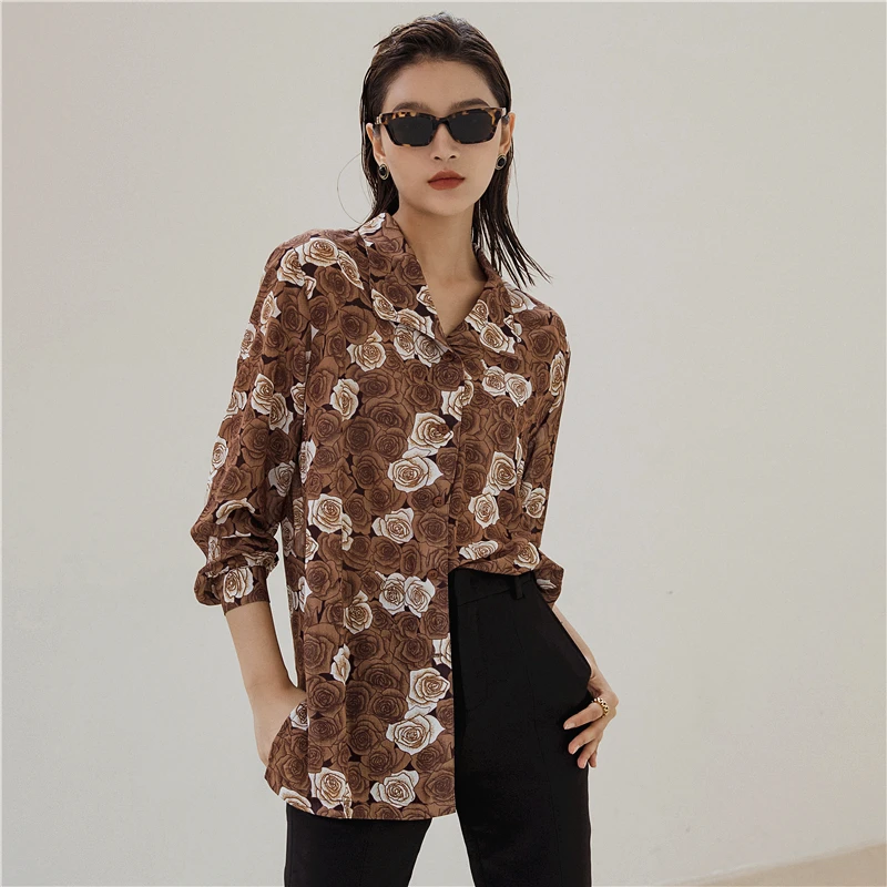 CHEERART Autumn Brown Shirt For Women Long Sleeve Top And Blouse Loose Rose Floral Print Blouse Button Up Collar Shirt Clothes