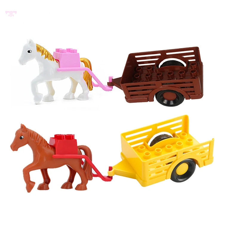 Big Size Building Blocks Farm Work Scene Horse Cow Rabbit Animals Accessories Bricks Compatible With Cart Trailer Toys For Kids