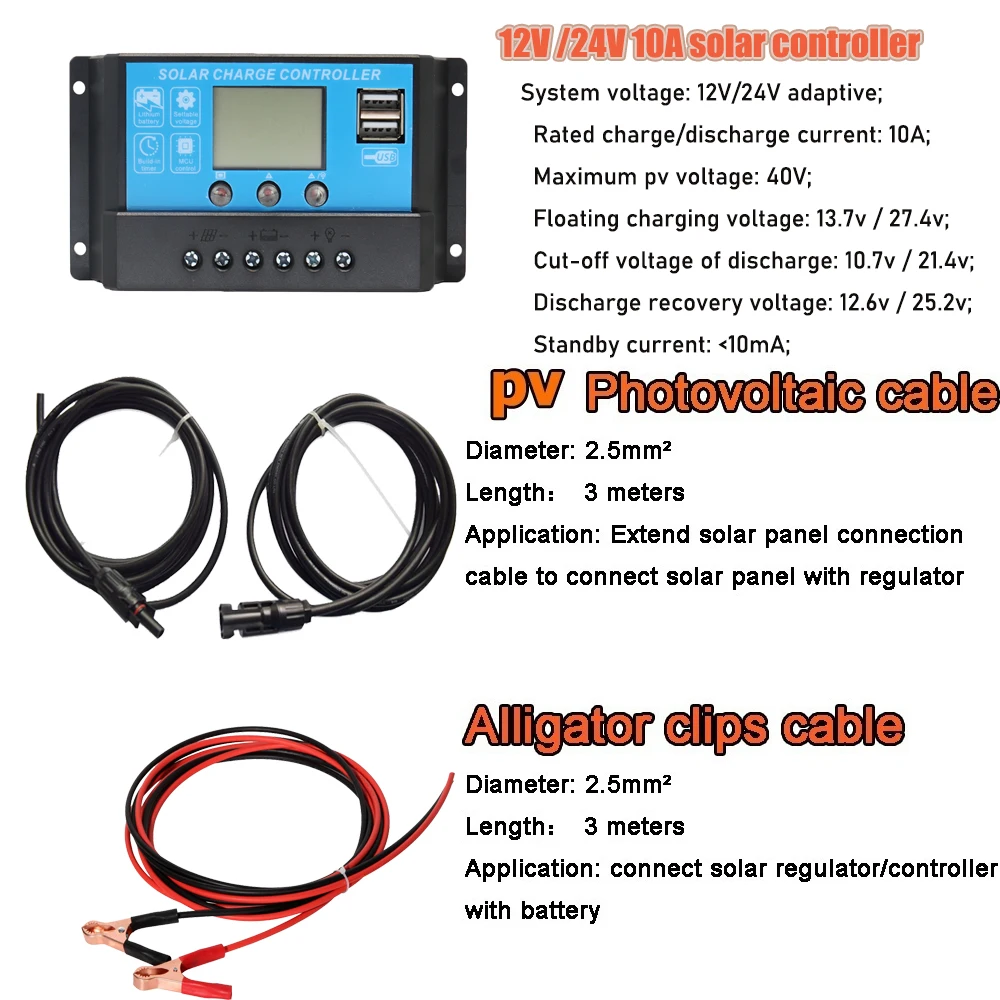 Solar panel accessory kit 10A 20A 30A 40A solar controller cable & alligator clip cable Connect lithium iron lead-acid batteries