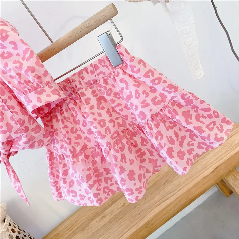 Summer Girls Clothes Suit 2022 Spring Fashion Casual New Girls Pink Leopard Print High Waist Top +Skirt Children\'S Clothing Sets