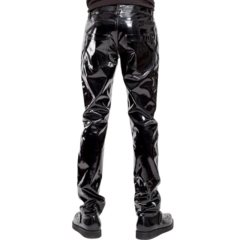 Hot Sales Motorbike Men Sexy Black Wet Look PVC Stage Wear Faux Leather Pencil Pants Skinny Latex Leggings Pole Dance Clubwear