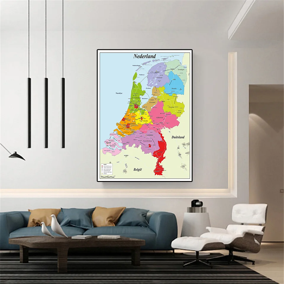 Mapa Holandii w Holendersie 59 * 84 cm Plakat ścienny Ekologiczny obraz na płótnie Pokój dzienny Dekoracja domu Artykuły szkolne