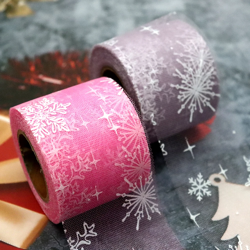 6cm 25yards White Snowflake Printed Tulle Mesh Organza Ribbon DIY Hairbow Christmas Tree Box Wrapping Winter Home Decor Supplies