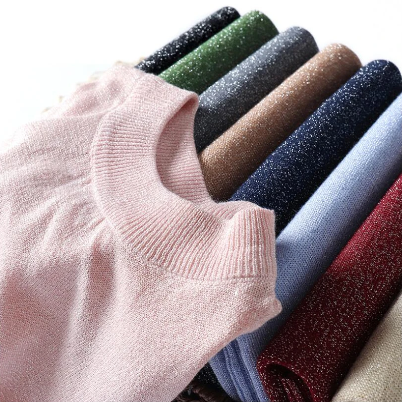 Suéter brillante de Lurex para mujer, jersey básico de manga corta con cuello redondo, Tops finos de punto de estilo coreano, 2021