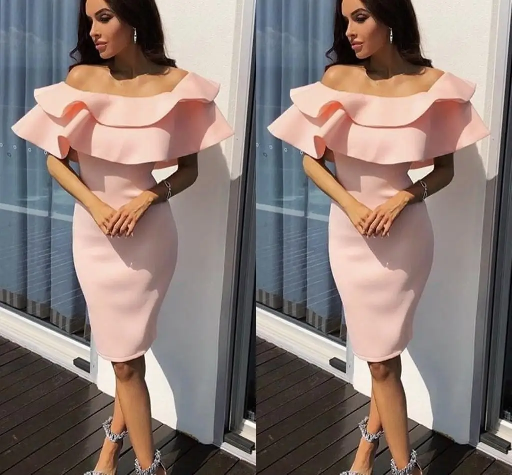 Blush Pink płaszcza sukienki na powrót do domu Off ramię Ruched Ruffles kolano długość sukienki koktajlowe krótka sukienka na studniówkę sukienki na przyjęcie