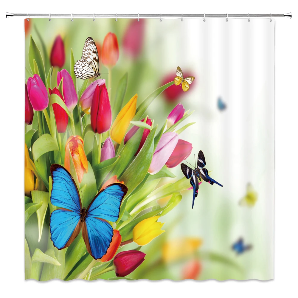 Spring Flower Butterfly Shower Curtains Set Colorful Floral Plant Tulip Rose Daisy Pattern Print Bathroom Decor Polyester Fabric