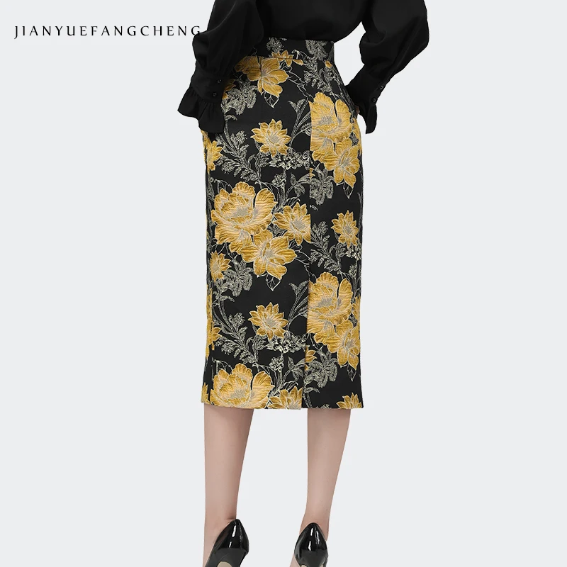 Vintage Yellow Jacquard Women Pencil Skirt High Waist Long Female Autumn Skirts Plus Size Elegant Ladies Office Outwear Skirts