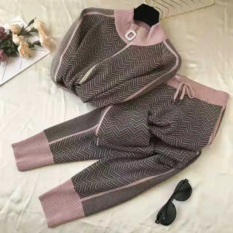 

Women's New Autumn Winter Knit Set Fashion Pattern Striped Long Sleeve Knit Cardigan Tracksuit Suit Women Casual Two Piece Set