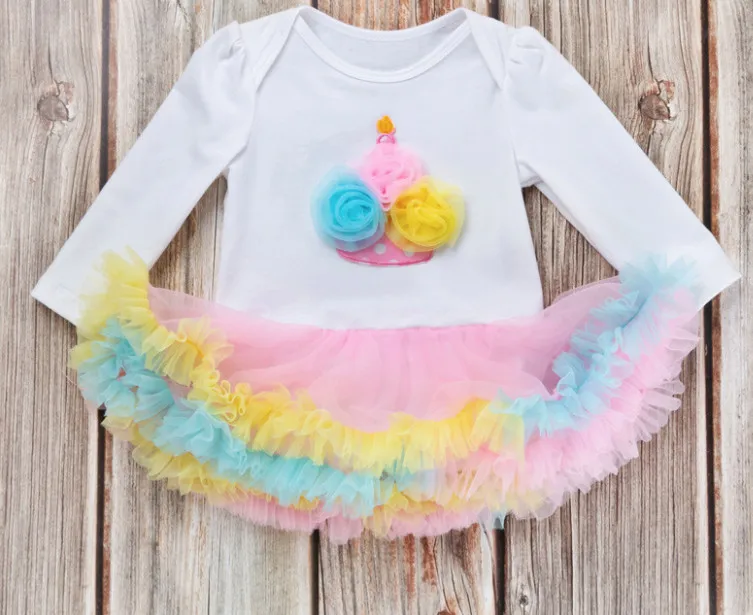 Cute Newborn Birthday Outfits Kids Girls Long Sleeve Crown Rompers Ruffle Dress Baby Infant Tutu Jumpsuit Wedding Vestidos