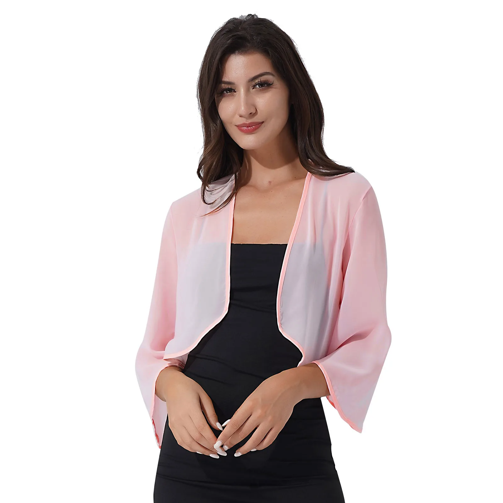 Bolero trasparente in Chiffon elegante da donna avvolge scialli da sera 3/4 manica aperta giacca frontale Cardigan coprispalle da sposa coprispalle