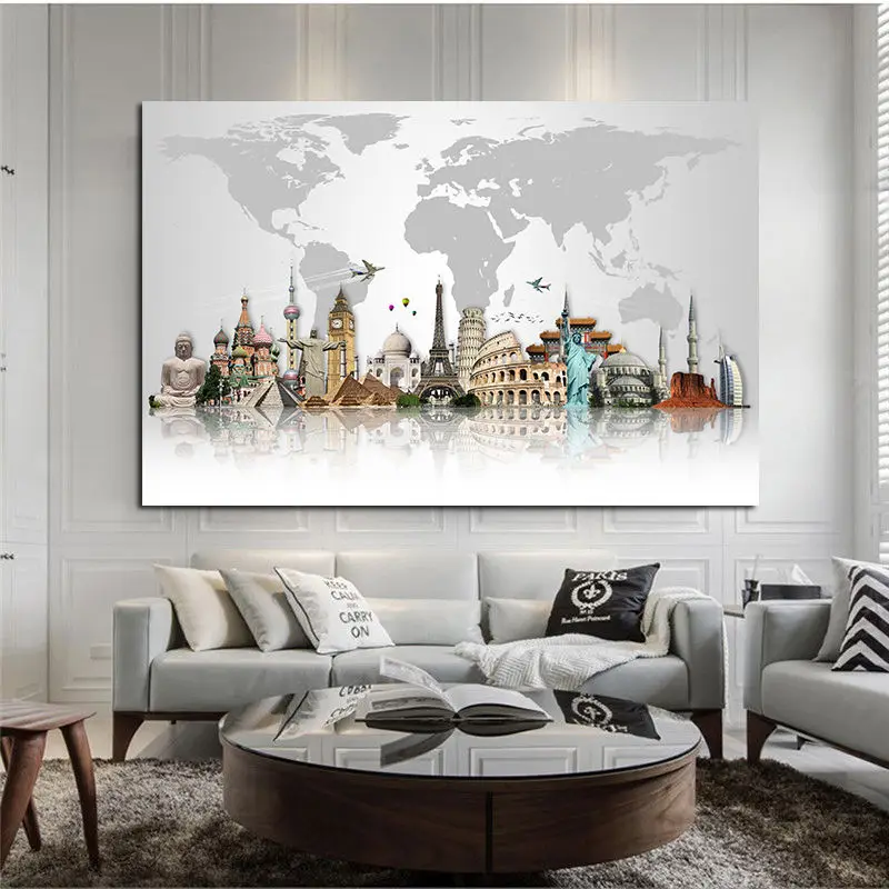 

World Famous Building Art Posters And Prints World Tourist Attraction Map Canvas Painting Modern Wall Art Pictures Home Decor