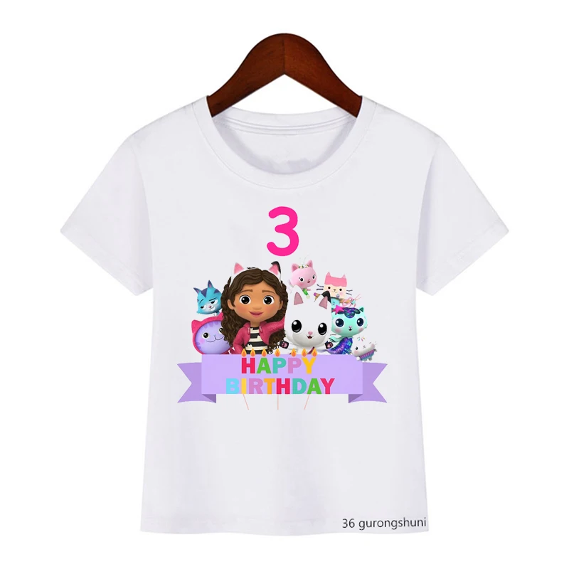 Kawaii Girls T-Shirt Cute Gabbys Doll House Cartoon Print Tshirt For Kids Birthday Clothing 2-10 Year Old Baby Girls Tshirt Tops