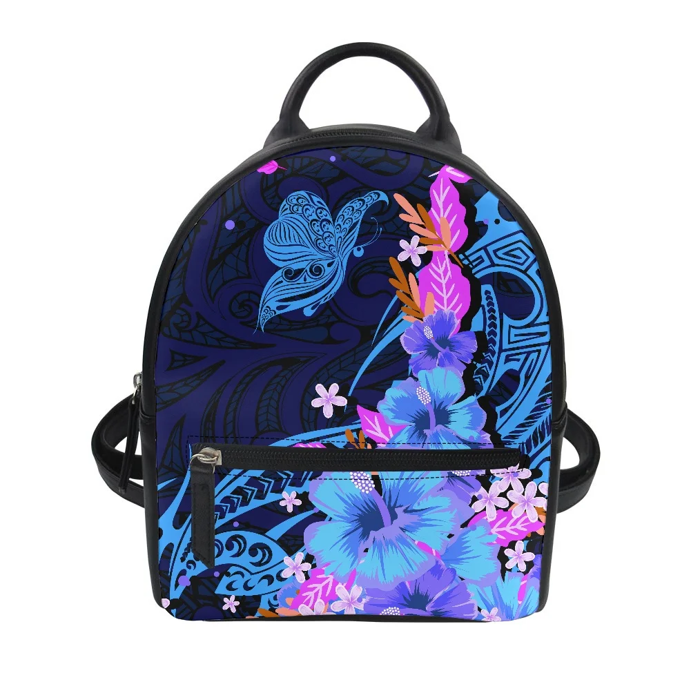 Hycool Small Female Backpacks Hawaii Flower Butterfly Print Blue Zipper Women's Backpack Shoulder Women's Leather Backpack