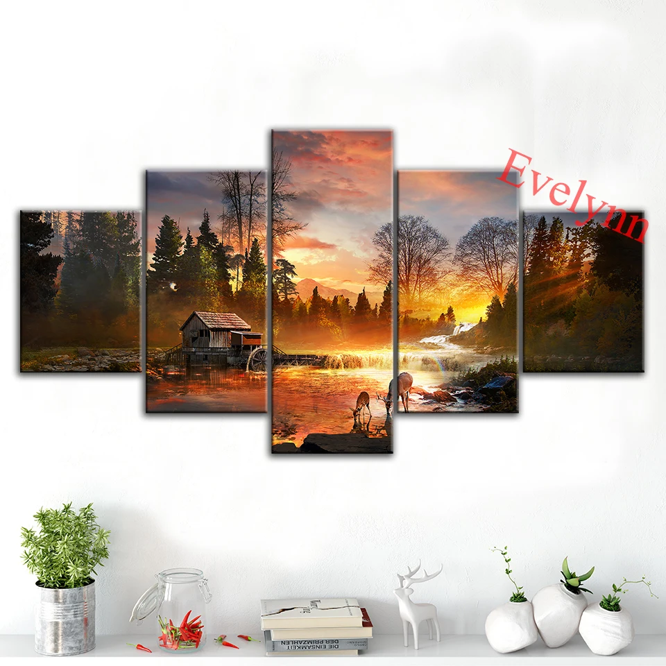 

5 Pieces Poster Nature River Deer Sunset Scenery Modern Canvas Print Wall Art Modular Pictures Living Room Home Decor Painting