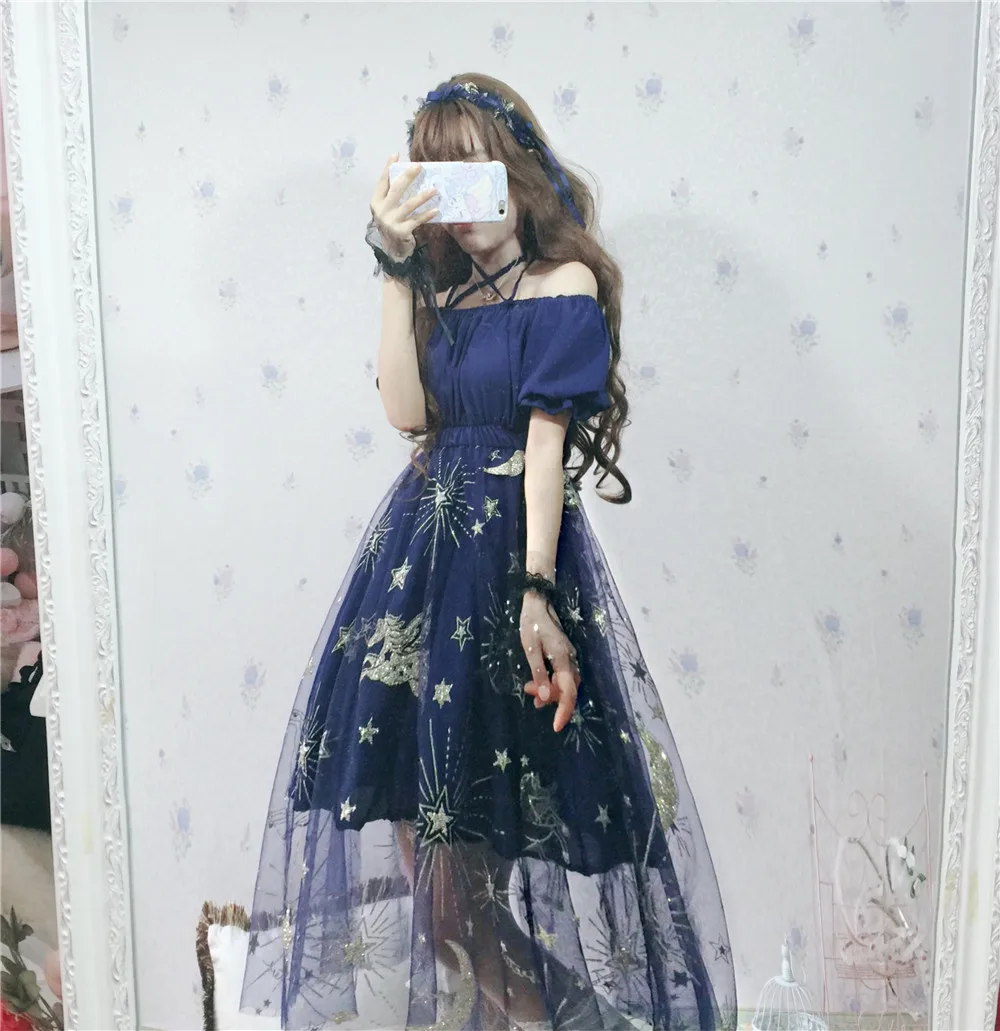 Lolita star sky mesh verband square neck kleid spitze bowknot nette druck viktorianischen kleid kawaii mädchen gothic lolita op loli cos