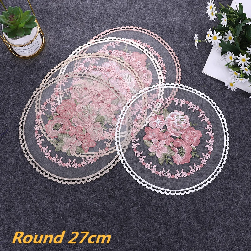 Round European Retro 3D Embroidered Transparent Coaster Placemat Coffee Cup Wine Glass Non-slip Pad Wedding Party Decoration