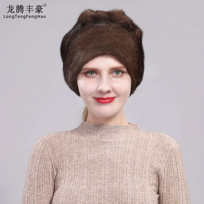 

Russian Mink Fur Hat Female Winter Hat Leather Fur Leather Hat Warm Hooded Hat Thickened Fur Hat Solid Color Soft Warm Hat