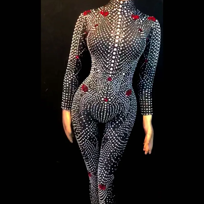 

Pearl rhinestone jumpsuit sparkly stage show bodysuit women party girl club wear