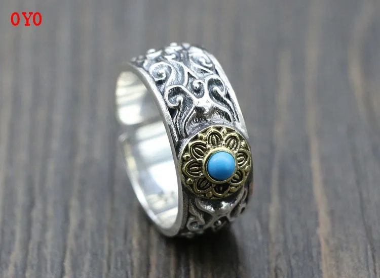 Real 925 sterling silver Indian inlaid blue turquoise male retro personality open handmade female ring