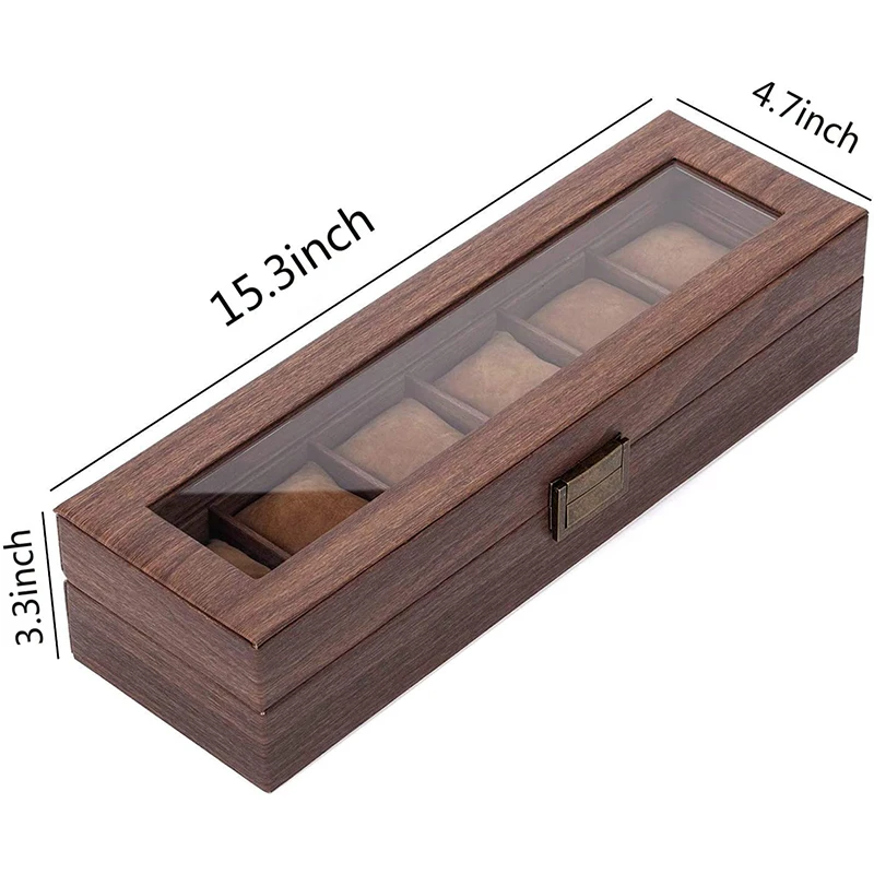 Coffee 6 Slot PU Leather Watch Box Organizer Watch Case with Glass Top