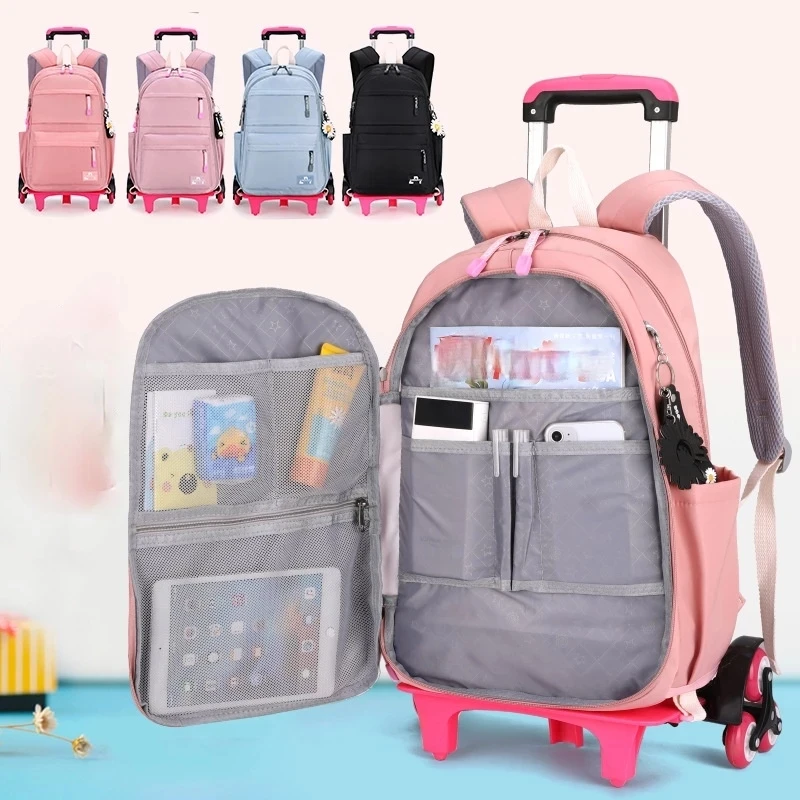 Orthopädische Schule Tasche Kind mit Räder Wasserdichte Primäre Student Rucksack Reise Bagpack für Teenager Mädchen Trolley Schulranzen