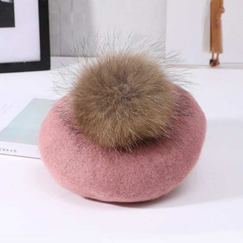 VISROVER New Unisex 100% Wool Winter Beret Solid fur Pompom Autumn Hat Winter Cap Spring Punk Beret Hat Real Fur Beret Wholesale