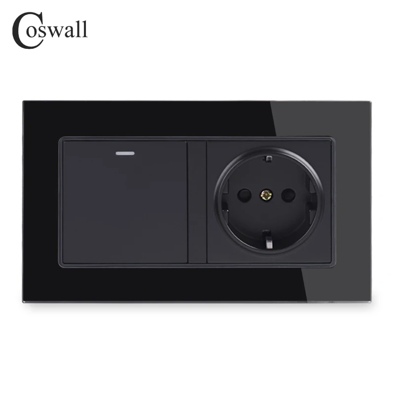 COSWALL Crystal Glass Frame Russia Spain EU Standard Wall Socket Grounded + 1 Gang 1 Way On / Off Light Switch 146*86mm