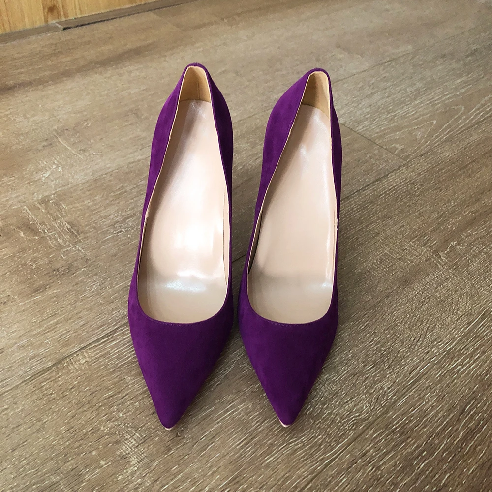 Veowalk Deep Purple Women Flock Fabric Pointed Toe Elegant Stiletto Pumps Classic High Heel Shoes 8cm 10cm 12cm Color Customize