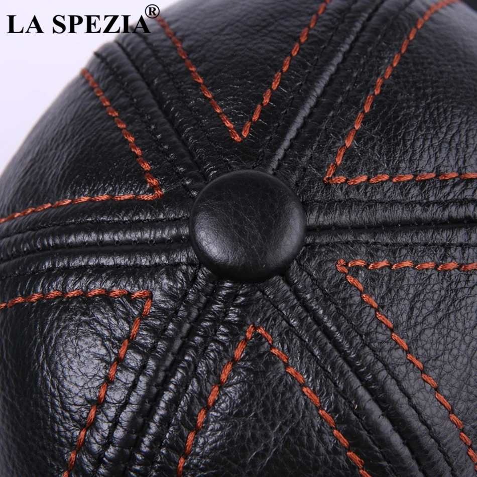 LA SPEZIA Echtem Leder Baseball-Cap Männer Schwarz Rindsleder Hut Snapback Männlich Einstellbar Herbst Winter Echt Leder Erreichte Hüte