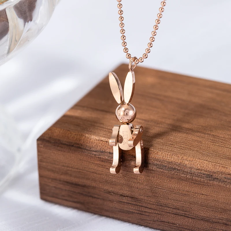 YUN RUO 18 K Gold Plated Cute Mobile Rabbit Pendant Necklace Woman Fashion Titanium Steel Jewelry Gift Never Fade Hypoallergenic