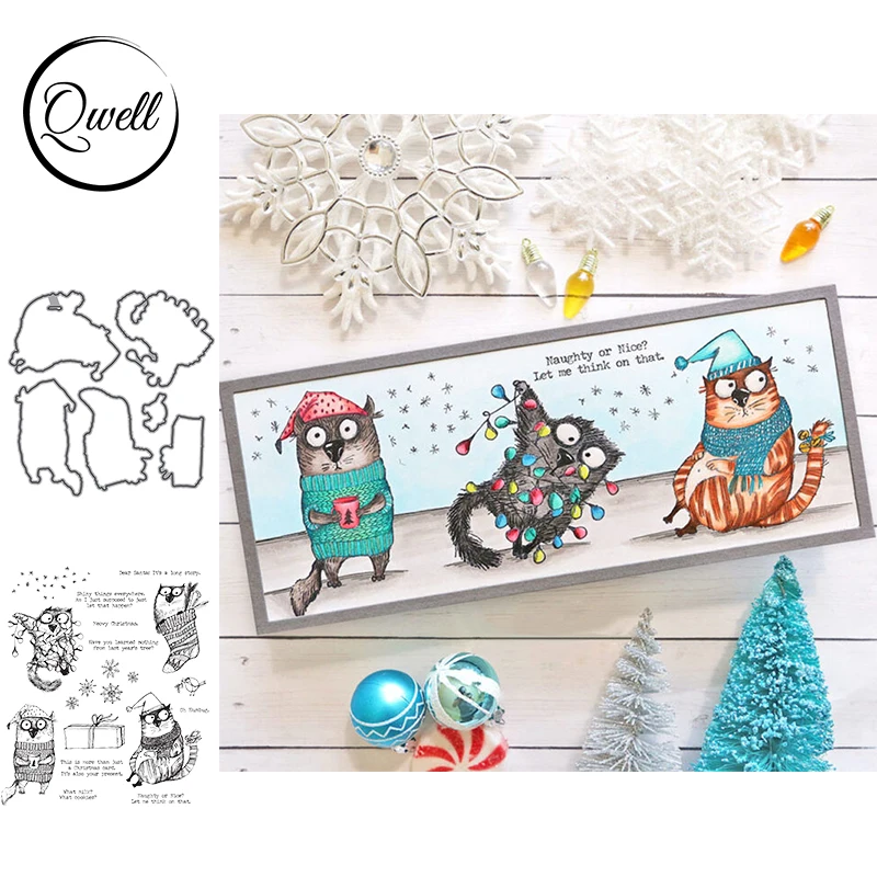 QWELL Funny Cats Cutting Dies and Clear Stamps Meowy Christmas Sentences Phrase DIY Craft Making Template  2021