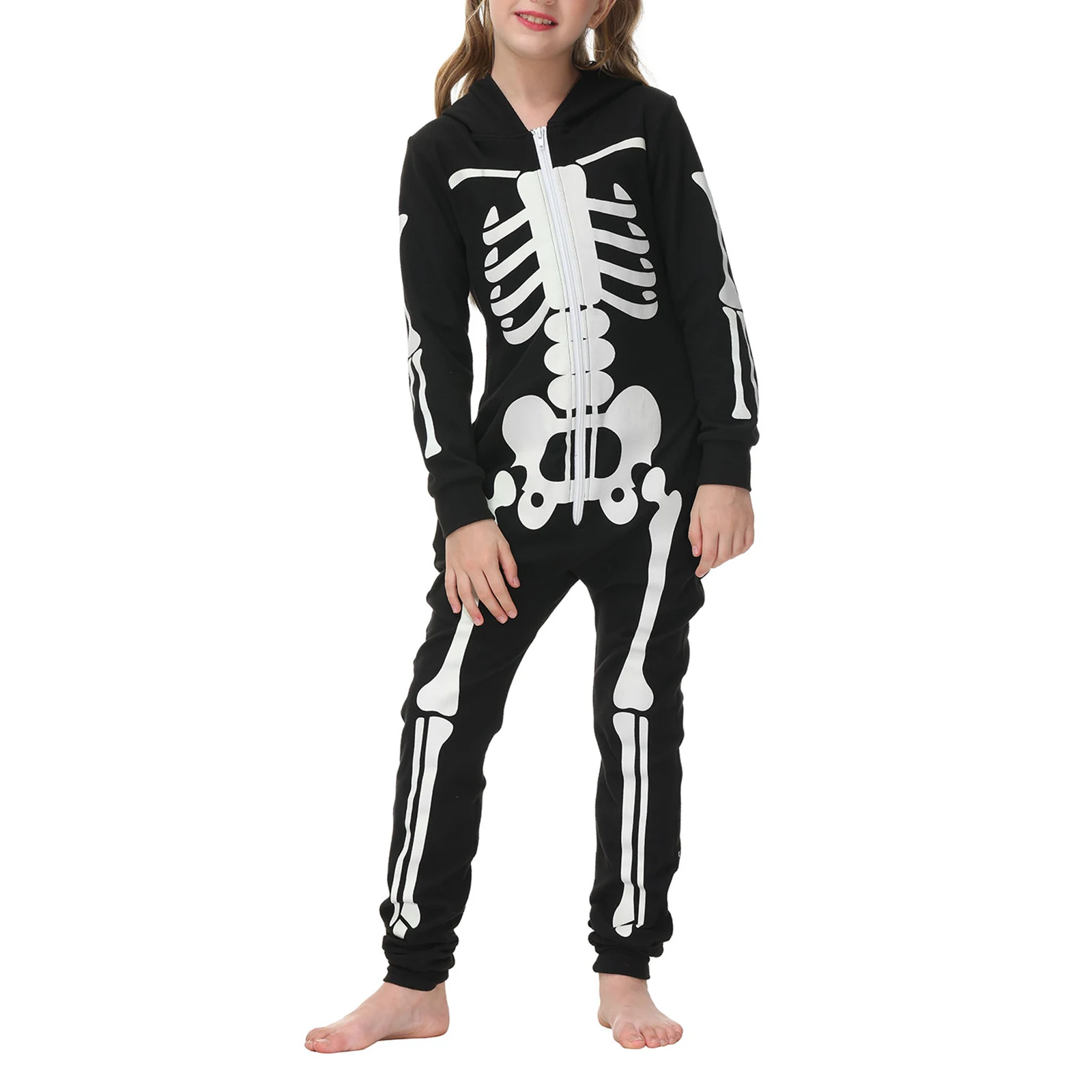 Halloween Scary Skeleton Family Costumes for Adult Kids Family Horror Skull Jumpsuit Party Hooded Matching Pajamas Set