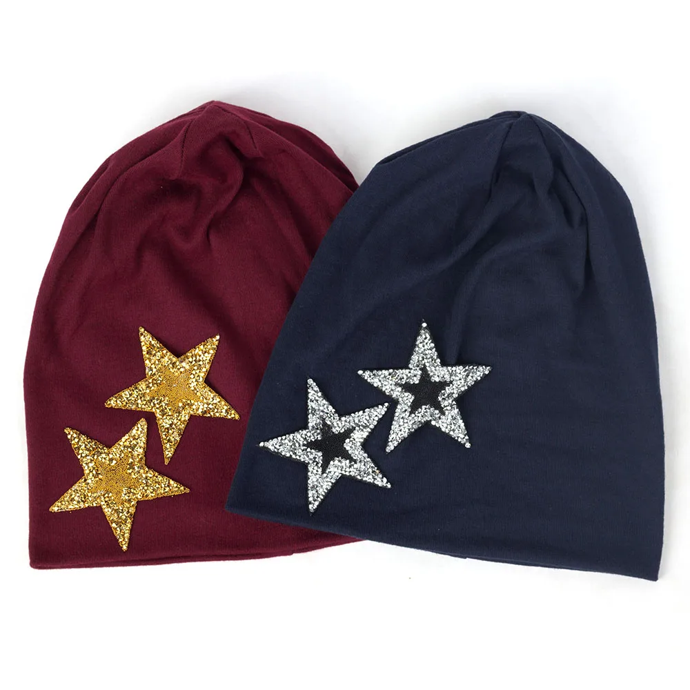 Geebro New Women Rhinestones Star Casual Beanies Hats Soft Thin Cotton Baggy Skullies Hats Cap for Ladies Girls