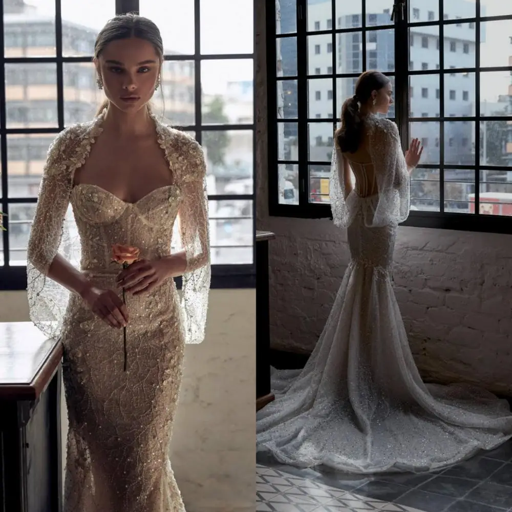 2020 Wedding Dresses with Jacket Sweetheart Lace Applique Beading Bridal Gowns Sexy Backless Sweep Train Mermaid Wedding Dress