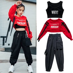 Girls Hip Hop Clothing Red Tops Black Pants Casual Overalls Street Dance Wear Jazz Performance Clothes Hip Hop Kids Wear BL5301