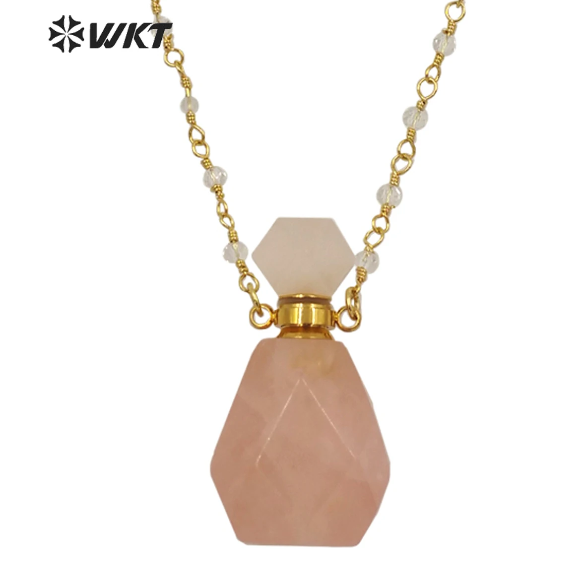 

WT-N1269 Wholesale Lady Birthday Stone Perfume Bottle Necklace Gold Stainless Steel Metal Roses Quartz Necklace