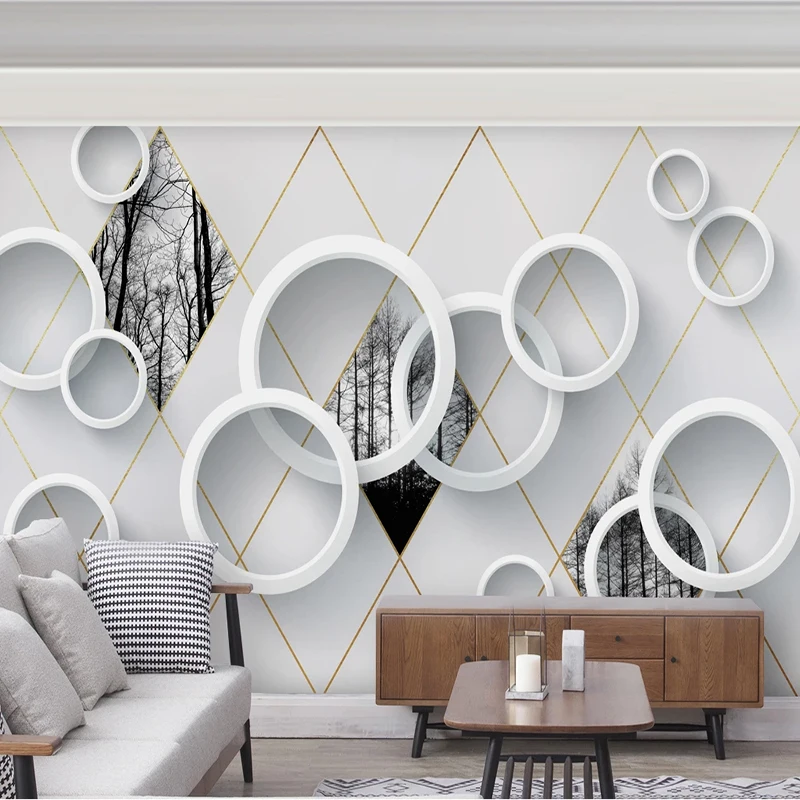 

Custom Modern Circle Golden Line Geometric Woods Mural Wallpaper 3D Wall Cloth Bedroom Living Room Background Wall Decor Fresco