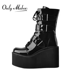 Onlymaker Round Toe Wedges Heels Platform Punk Boots Black Color Patent Leather Side Zipper Big Size Fashion Ankle Boots