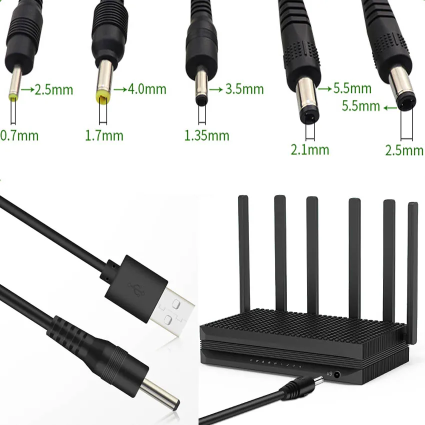 DC barril Jack conector do cabo de alimentação, porta USB para 2.5*0.7mm, 3.5*1.35mm, 4.0*1.7mm, 5.5*2.1mm, 5V, 2 Pçs/lote